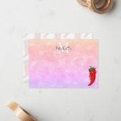 Rode hete peper diva aquarel op maat gemaakte mono notitiekaartje (Voorkant / Achterkant in situ)