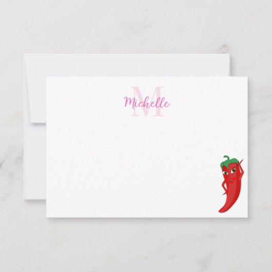 Rode Hete Peper Diva Schattige Aangepaste Monogram Notitiekaartje (Voorkant)