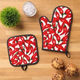 Rode hete pepers pittig  ovenwant & pannenlap set