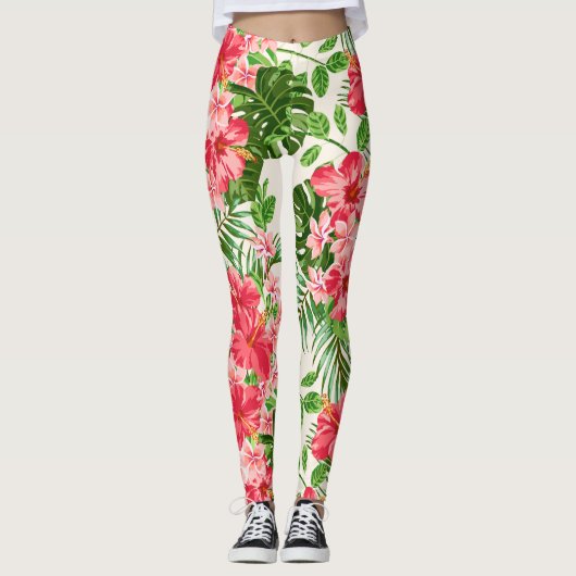 Rode Hibiscus Bloem Witte Achtergrond leggings (Voorkant)