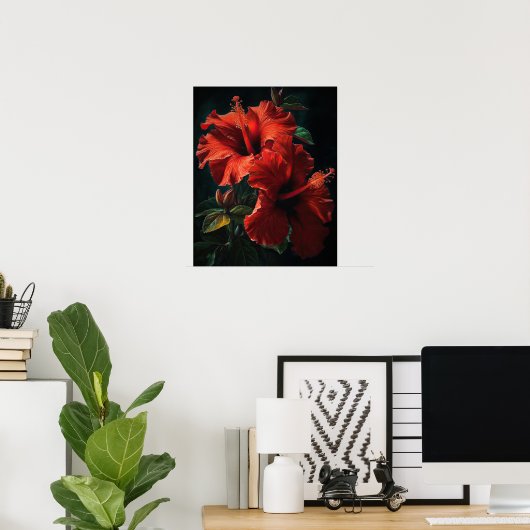 Rode Hibiscus Bloemen Art Print Poster (Thuiskantoor)
