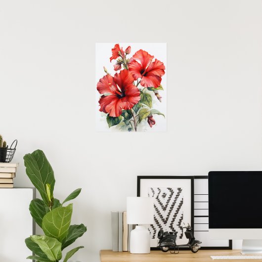 Rode Hibiscus Bloemen Art Print Poster (Thuiskantoor)