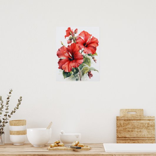 Rode Hibiscus Bloemen Art Print Poster (Keuken)
