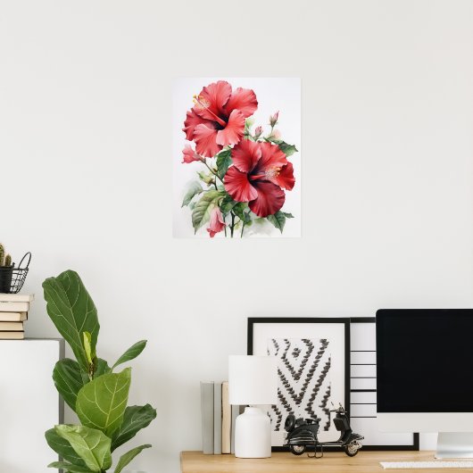 Rode Hibiscus Bloemen Art Print Poster (Thuiskantoor)