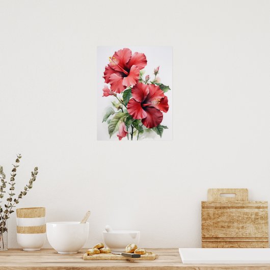 Rode Hibiscus Bloemen Art Print Poster (Keuken)
