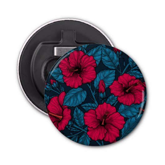 Rode hibiscus bloemen button flesopener (Voorkant)