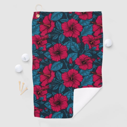 Rode hibiscus bloemen golfhanddoek (Insitu)