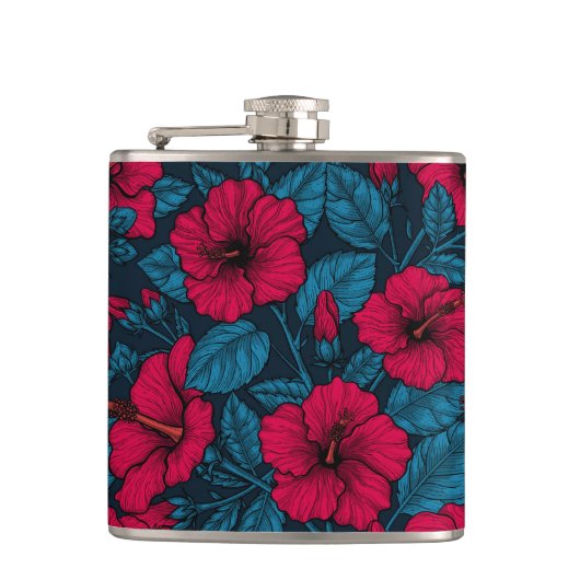 Rode hibiscus bloemen heupfles (Voorkant)