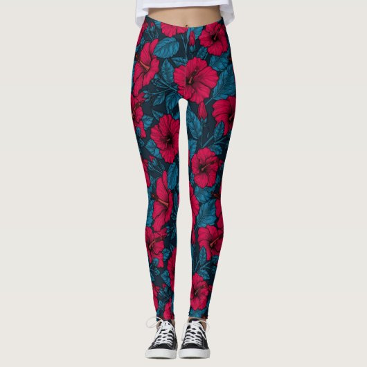 Rode hibiscus bloemen leggings (Voorkant)