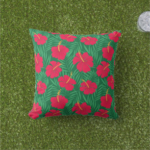 Rode Hibiscus Bloemen op Groene Tropische Bladeren Buitenkussen