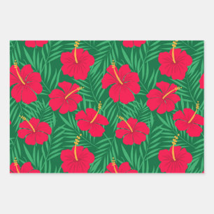 Rode Hibiscus bloemen op groene tropische bladeren Inpakpapier Vel