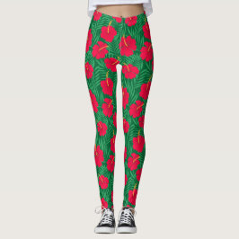 Rode Hibiscus bloemen op groene tropische bladeren Leggings