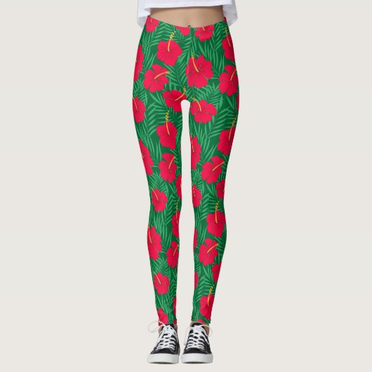 Rode Hibiscus bloemen op groene tropische bladeren Leggings (Voorkant)