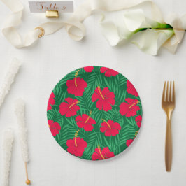 Rode Hibiscus Bloemen op Groene Tropische Bladeren Papieren Bordje