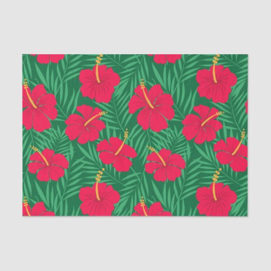 Rode Hibiscus bloemen op groene tropische bladeren Tissuepapier (Voorkant)