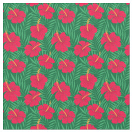 Rode Hibiscus Bloemen op Tropisch Blad Patroon Stof