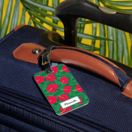 Rode Hibiscus Bloemen op Tropische Bladeren Aangep Bagagelabel