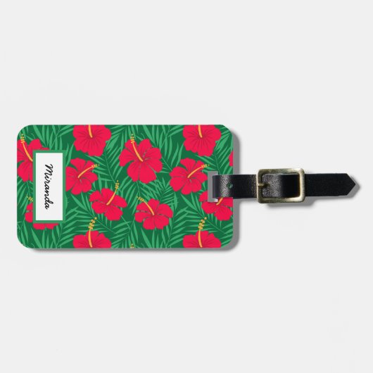 Rode Hibiscus Bloemen op Tropische Bladeren Custom Bagagelabel (Voorkant horizontaal)