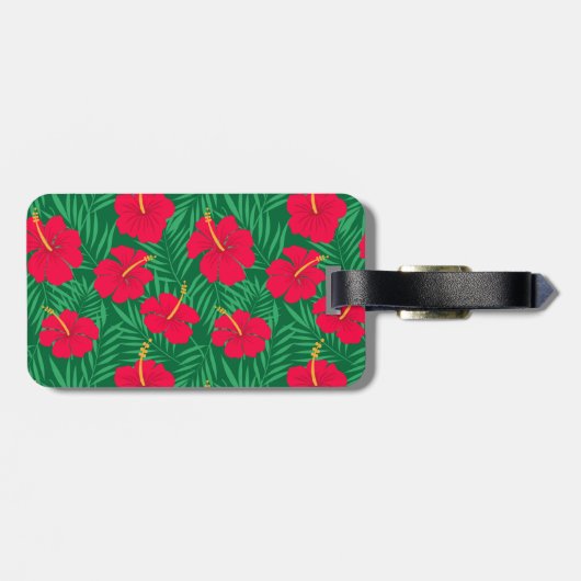 Rode Hibiscus Bloemen op Tropische Bladeren Custom Bagagelabel (Achterkant horizontaal)