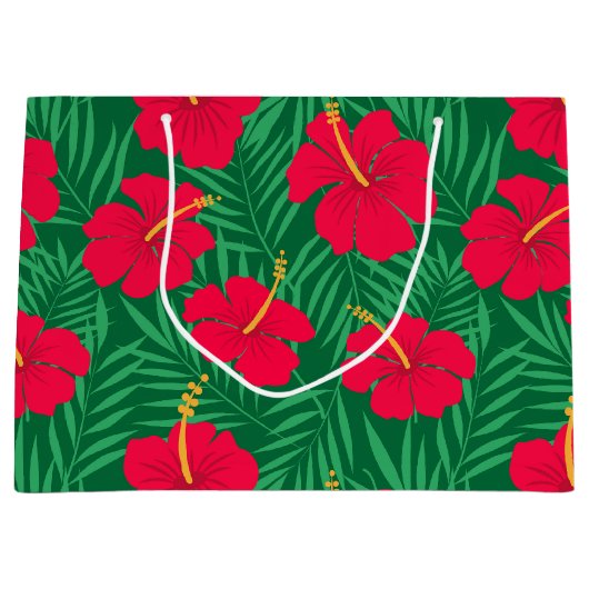 Rode Hibiscus bloemen op tropische bladeren patroo Groot Cadeauzakje (Voorkant)