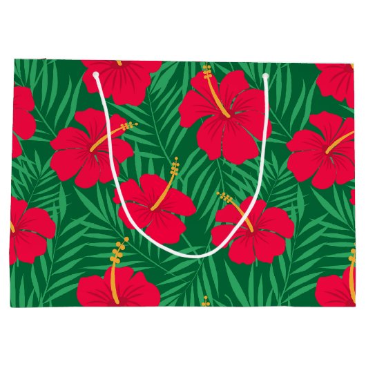 Rode Hibiscus bloemen op tropische bladeren patroo Groot Cadeauzakje (Achterkant)