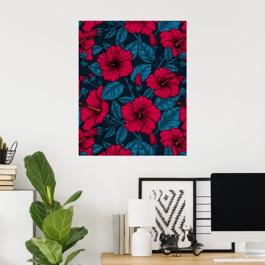 Rode hibiscus bloemen poster (Thuiskantoor)