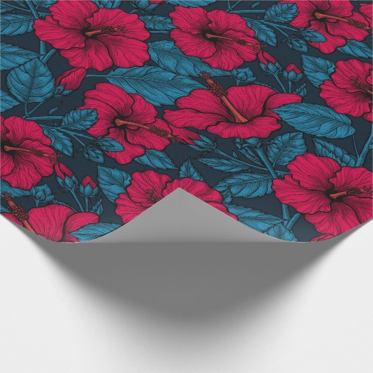 Rode hibiscus-bloemen, verpakkingspapier cadeaupapier (Hoek)
