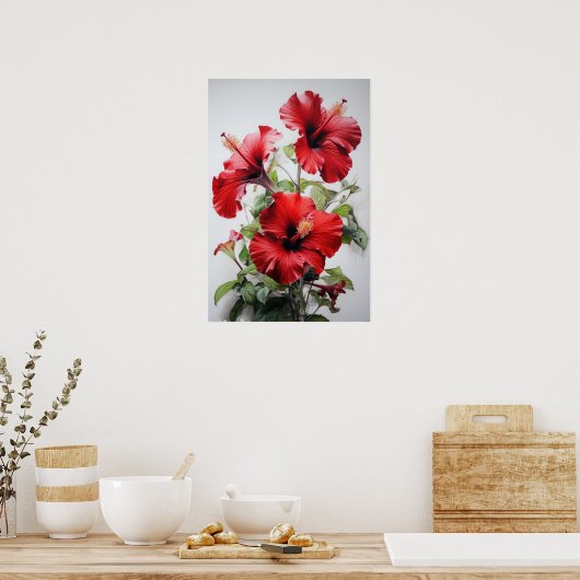 Rode Hibiscus Bloemenkunst Print Poster (Keuken)