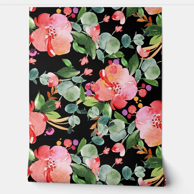 Rode Hibiscus Eucalyptus groen op zwart Behang (Afrollen)