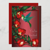 Rode Hibiscus Kolibrie Uitnodiging Template (Voorkant / Achterkant)