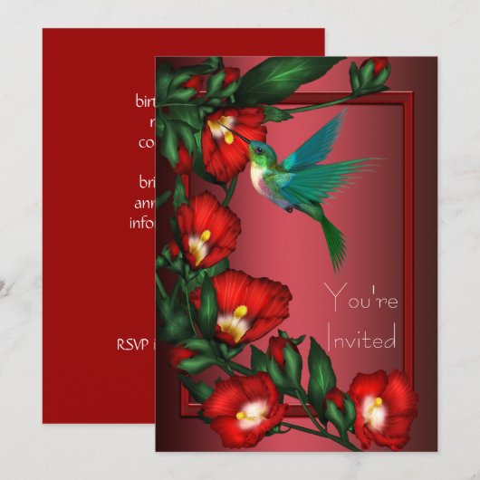 Rode Hibiscus Kolibrie Uitnodiging Template (Voorkant / Achterkant)