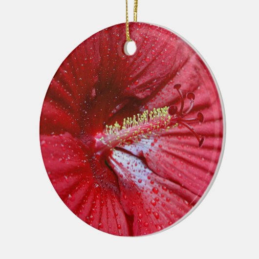 Rode hibiscus met regendruppels keramisch ornament (Links)