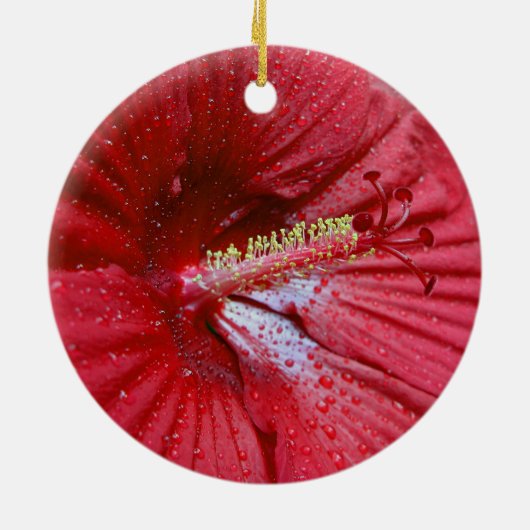 Rode hibiscus met regendruppels keramisch ornament (Achterkant)