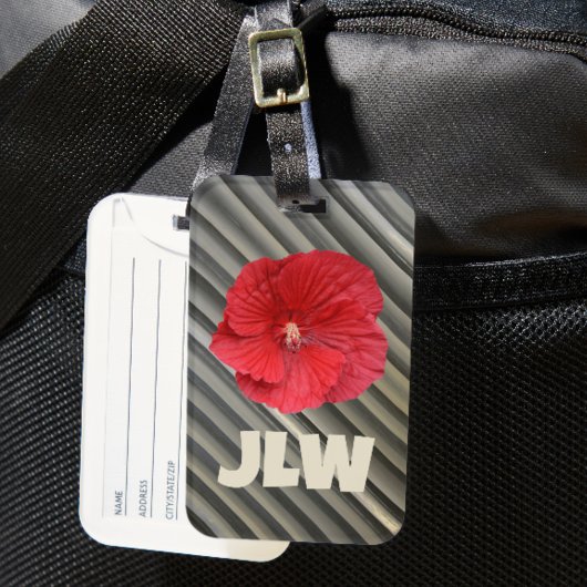 Rode Hibiscus Modern Bold Smokey Grijze Strepen Bagagelabel