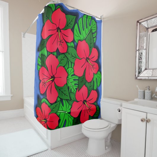 Rode Hibiscus & Monstera Douchegordijn (In situ)