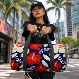 Rode Hibiscus Navy Blauwe Tropische Hawaïaanse Plunjezak