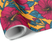 Rode hibiscus op sinaasappel cadeaupapier (Rol Hoek)