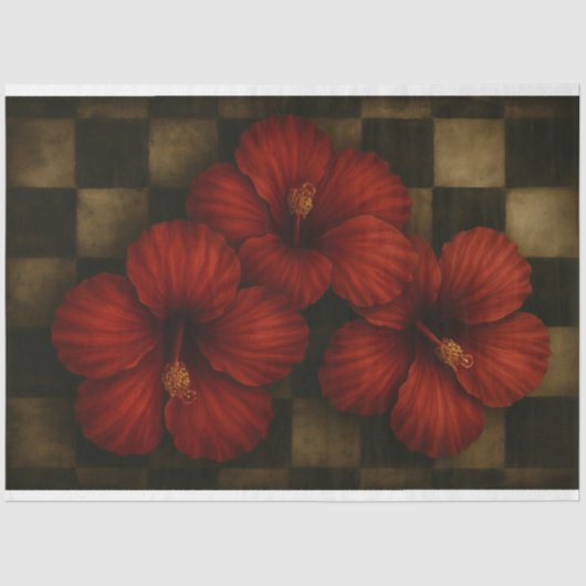 Rode Hibiscus op verouderd Checkerboard Decoupage  Tissuepapier (Voorkant)