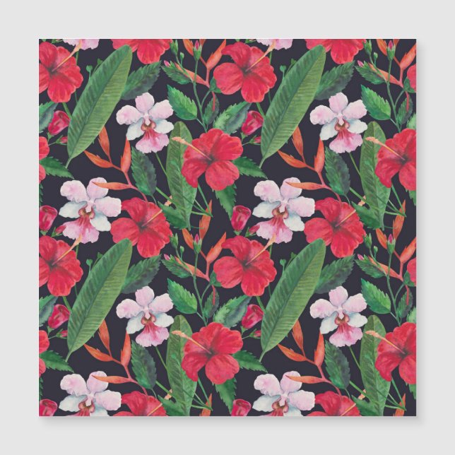 Rode hibiscus, orchideeën, tropische waterverf. (Voorkant)