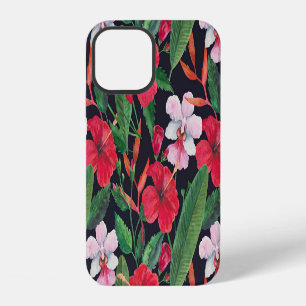 Rode hibiscus, orchideeën, tropische waterverf. iPhone 12 hoesje