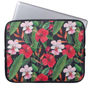 Rode hibiscus, orchideeën, tropische waterverf. laptop sleeve
