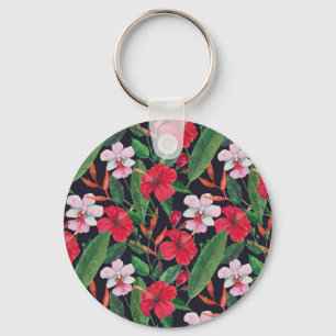 Rode hibiscus, orchideeën, tropische waterverf. sleutelhanger