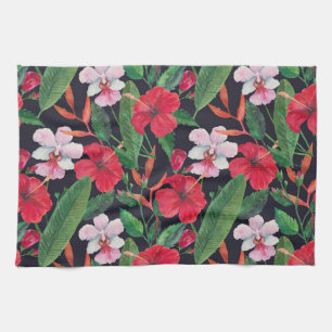 Rode hibiscus, orchideeën, tropische waterverf. theedoek