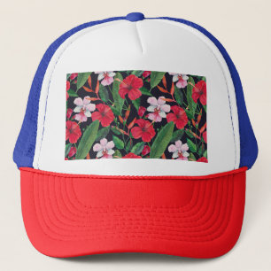 Rode hibiscus, orchideeën, tropische waterverf. trucker pet