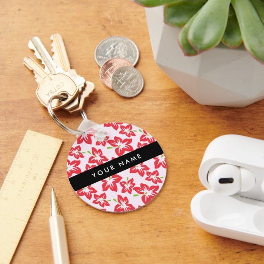 Rode Hibiscus, Rode bloemen, Jouw naam Sleutelhanger (Bureau)