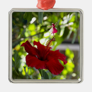 Rode Hibiscus Schaduw Fee Metaal Ornament