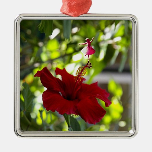 Rode Hibiscus Schaduw Fee Metaal Ornament (Voorkant)