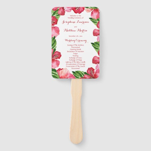 Rode Hibiscus Tropische Huwelijksceremonieprogramm Handwaaier (Voorkant)