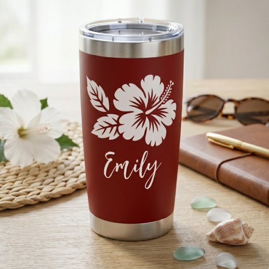 Rode Hibiscus Tropische Script Naam Ontwerp Geïsoleerde Drinkbeker