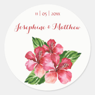 Rode Hibiscus Tropische Waterverf Trouwstickers Ronde Sticker